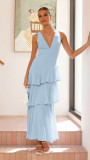 Women summer French sleeveless v-neck Cascading Ruffles Dress