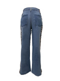 Women's street fashion leopard print patchwork straight denim trousers