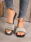 Plus Size women's square toe rhinestone beach sandals beaded flat bottom flip flops slipper