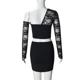 Women Spring and Summer Lace Sexy Hollow One-shoulder Irregular Top and Skirt Two-piece Set