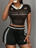 American summer slim fit contrast color V-neck two-piece shorts set