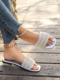 Plus Size women's square toe rhinestone beach sandals beaded flat bottom flip flops slipper