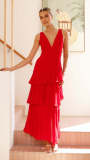 Women summer French sleeveless v-neck Cascading Ruffles Dress