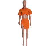 Women's fashion sexy solid color button Crop Shirt split skirt two-piece set