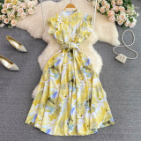 summer stand collar slim waist printed a-line high waist elegant chic long dress