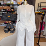 Women's summer round neck loose casual long sleeve shirt and wide leg trousers set