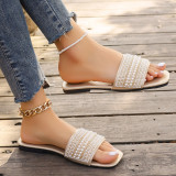 Plus Size women's square toe rhinestone beach sandals beaded flat bottom flip flops slipper