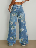 Street fashion printed loose straight wide leg denim trousers
