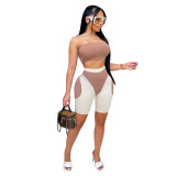Women's summer fashionable color matching tight fitting strapless two-piece shorts set