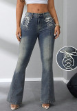 low waist elastic bell bottom denim trousers