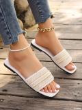 Plus Size women's square toe rhinestone beach sandals beaded flat bottom flip flops slipper