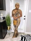 Women's Fashionable snake print V-neck tight fitting wide leg jumpsuit