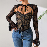 Lace sexy mesh low back long sleeve see-through slim fit women's top
