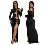 Fashionable Solid Color Slim sexy hollow slit long dress