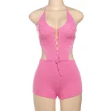 Women Spring Summer knitting Sexy Hollow Solid Halter Neck Lace-Up Backless Cargo Shorts