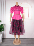 Plus Size African Women Top Skirt with Belt Two-piece Set