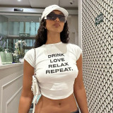 Women street Round Neck Letter Print Short Sleeve Crop T-shirt