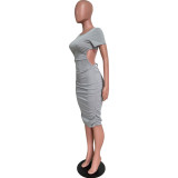 Spring Summer fashionable solid color round neck back hollow midi dress