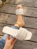 Plus Size women's square toe rhinestone beach sandals beaded flat bottom flip flops slipper