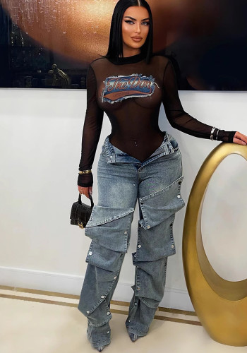 Women's street trend straight denim pants