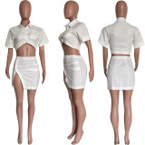 Women's fashion sexy solid color button Crop Shirt split skirt two-piece set