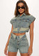 Women's fashion casual elastic denim color matching two-piece shorts set