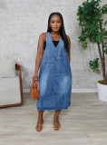 Women's solid color V-neck sleeveless denim dress