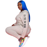 Women's Autumn and Winter gray hooded long sleeve casual two-piece pants set