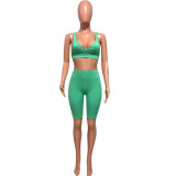 Summer fashionable beach holidays casual ribbed solid color two-piece shorts set