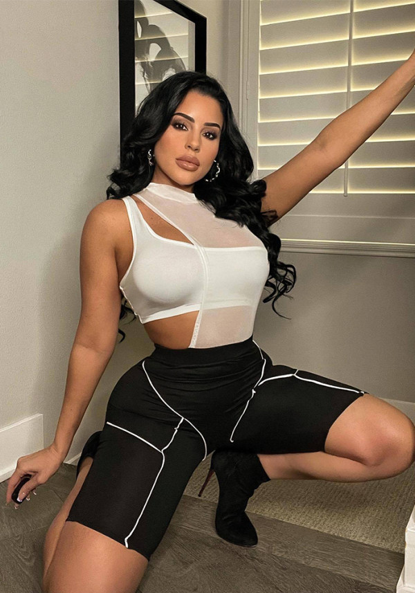 Fashionable one shoulder clothes sexy mesh patchwork Midi jumpsuit