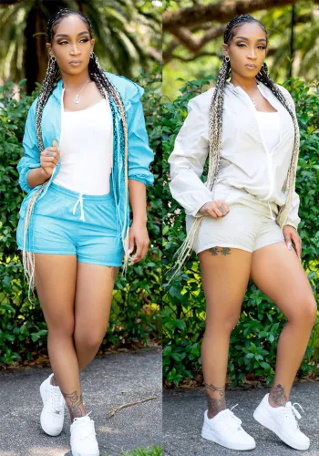 Women's Fashionable casual long sleeve sun protection Hooded Top and Shorts set