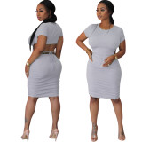 Spring Summer fashionable solid color round neck back hollow midi dress