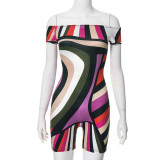 Women's summer off shoulder slim multi-color printed Jumpsuit