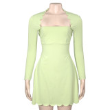 Spring women's square neck slim fit long sleeve solid short dress