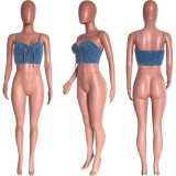 Women's tight fitting V-neck Denim lace-up sexy strap top