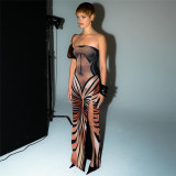 Women sexy Strapless Backless Print Maxi Dress