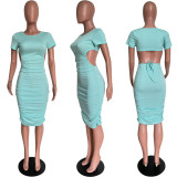 Spring Summer fashionable solid color round neck back hollow midi dress