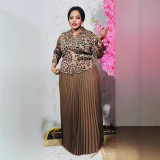 Fashion shiny flower lace-up top and high waist long pleated skirt set