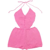 Women Spring Summer knitting Sexy Hollow Solid Halter Neck Lace-Up Backless Cargo Shorts