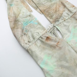 Summer tight fitting printed hollow low back shorts jumpsuit