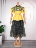 Plus Size African Women Top Skirt with Belt Two-piece Set