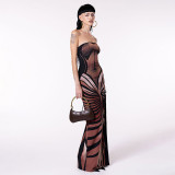 Women sexy Strapless Backless Print Maxi Dress