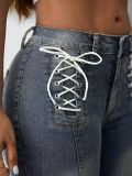 low waist elastic bell bottom denim trousers