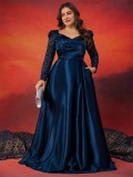 Plus Size Women Sequin Patchwork V-neck Long Sleeve Evening Dress