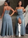 Fashionable chic single-breasted strap denim maxi dress