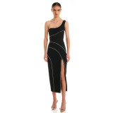 One-shoulder diamond split sexy elegant women's party evening dress