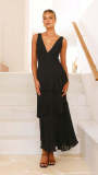 Women summer French sleeveless v-neck Cascading Ruffles Dress