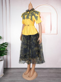 Plus Size African Women Top Skirt with Belt Two-piece Set