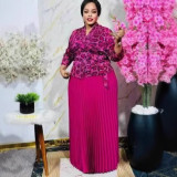 Fashion shiny flower lace-up top and high waist long pleated skirt set