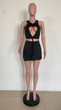 Women's sexy fashion black hollow vest Shorts two-piece set